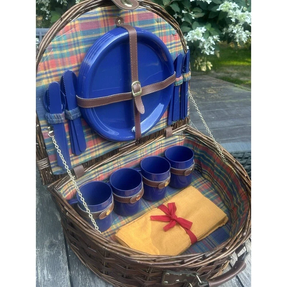 Vintage Brown Wicker Half Moon Picnic Basket Plaid Lined w Blue Dinnerware New